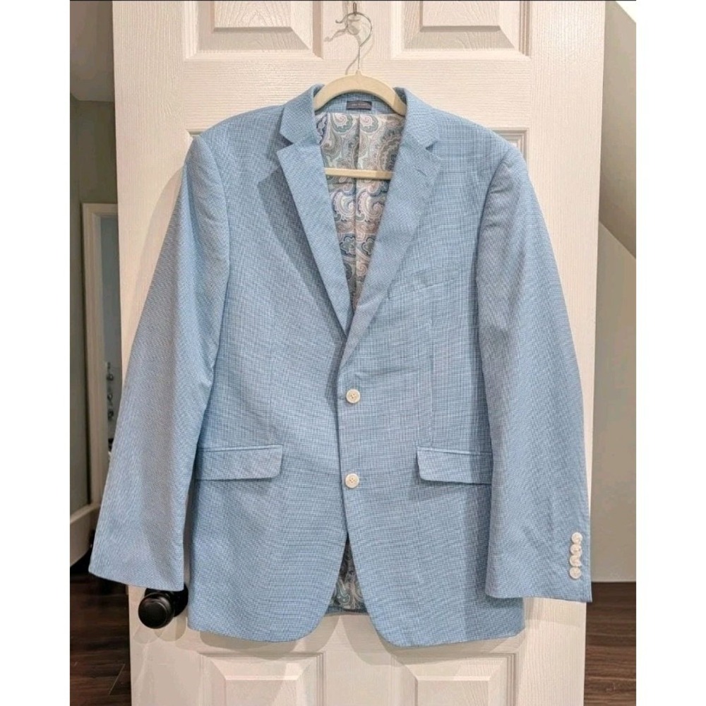 Madison Mens Modern Fit Blue Gingham Suit Jacket 38R Preppy Cotton Summer Lined